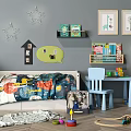 Playful Kids Bedroom With Colorful Quilted Children's Bed Star Decorations Books And Toys