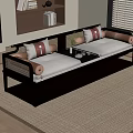 Elegant Luohan Bed With Dark Frame Red Gray Cushions And Tea Table In Living Room