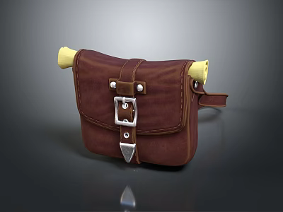 Brown Leather Shoulder Bag With Metal Buckle And Yellow Trim 3d model