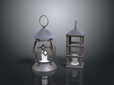 Vintage Decorative Lanterns With Metal Ring Handle Diamond Pattern Square Structure And Candle Inside 3d model