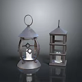 Vintage Decorative Lanterns With Metal Ring Handle Diamond Pattern Square Structure And Candle Inside 3d model