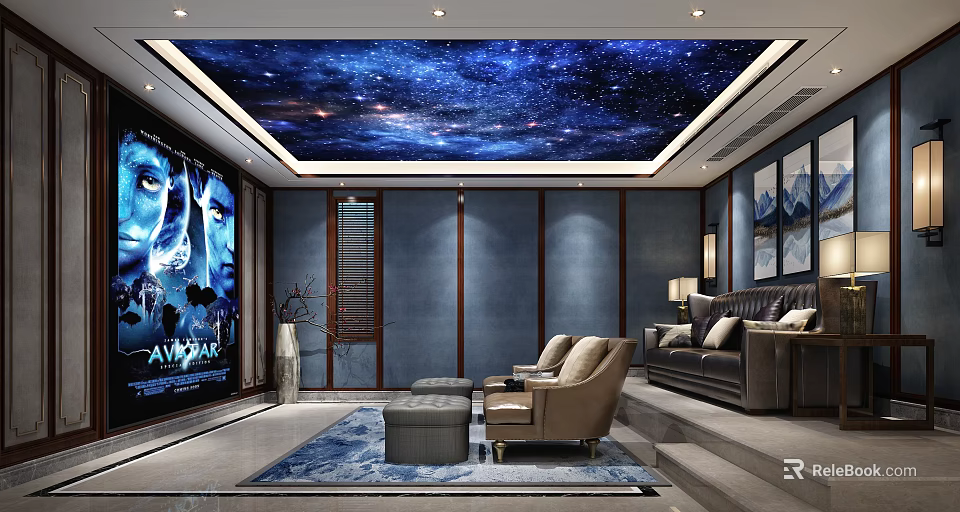 Home Theater Room Interior With Starry Sky Ceiling Large Screen And Comfortable Seating 3d model
