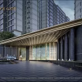 Hotel Main Entrance Design With High Rise Buildings Plaza Trees And Car