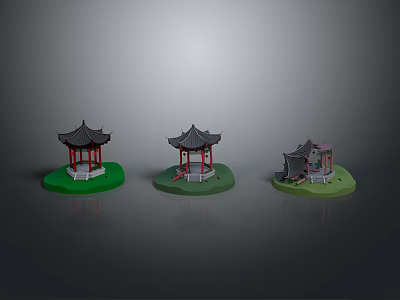 Three Chinese Traditional Pavilion Models With Green Bases And Distinct Roof Designs 3d model