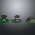 Three Chinese Traditional Pavilion Models With Green Bases And Distinct Roof Designs