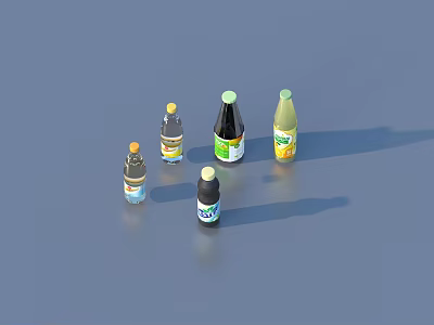 Assorted Bottled Beverages With Colorful Labels And Different Sizes Displayed On Blue Background 3d model