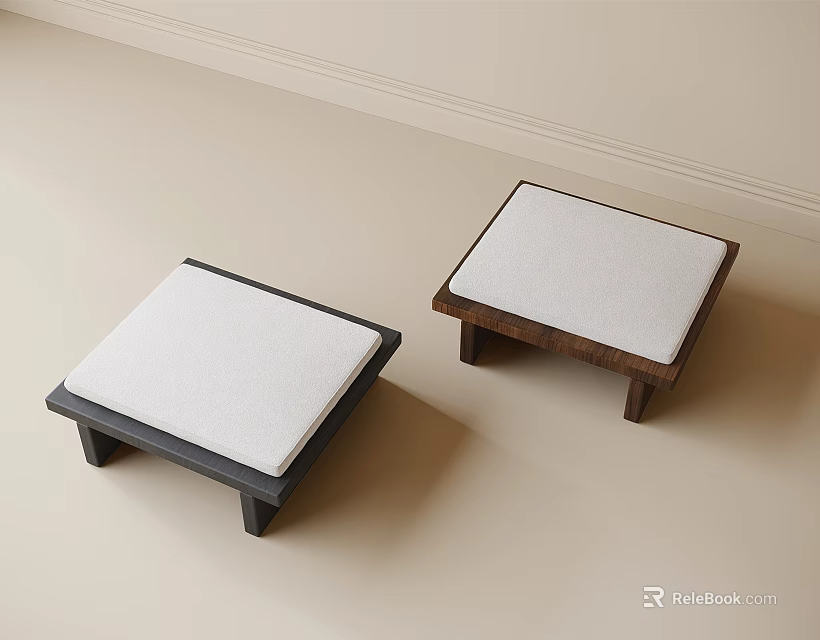 Two Square Stools With White Cushions And Dark Wooden Frames On Light Colored Floor 3d model
