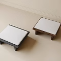 Two Square Stools With White Cushions And Dark Wooden Frames On Light Colored Floor 3d model
