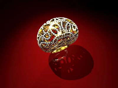 Luxurious Jewelry Ring With Intricate Filigree Design And Sparkling Gemstones On Golden Band 3d model