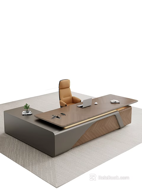 Modern Office Desk With Leather Chair Laptop Plant And Geometric Design 3d model 