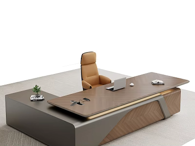 Modern Office Desk With Leather Chair Laptop Plant And Geometric Design 3d model
