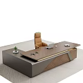 Modern Office Desk With Leather Chair Laptop Plant And Geometric Design