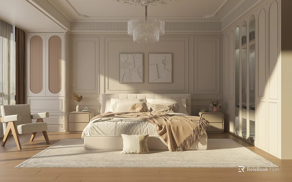 Elegant Modern Bedroom with Upholstered Headboard Bed Two Artworks Paneled Walls Chandelier Nightstands and Rug 3d model 