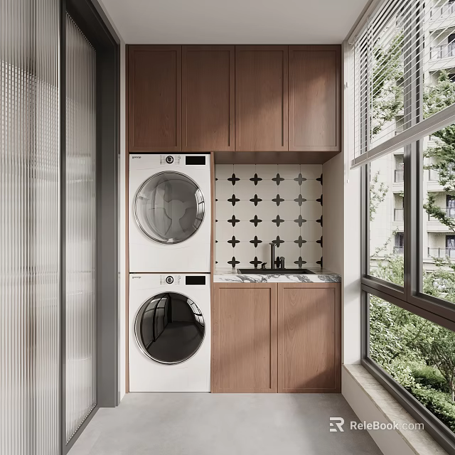 Wooden Balcony Cabinet With Stacked Washing Machine Dryer And Black Cross Tile 3d model 
