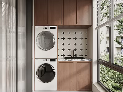 Wooden Balcony Cabinet With Stacked Washing Machine Dryer And Black Cross Tile 3d model