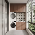 Wooden Balcony Cabinet With Stacked Washing Machine Dryer And Black Cross Tile