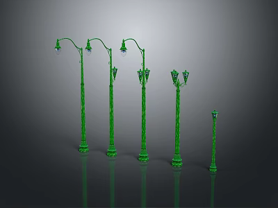 Green Ornate Street Lamp Designs With Various Styles Heights And Details 3d model