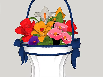 White Vase With Blue Handles And Bow Holding Colorful Mixed Flowers 3d model