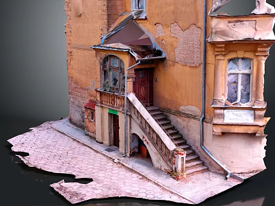 Cartoon Scene Featuring Vintage Yellow Building With Stairs Door Windows And Stone Path 3d model