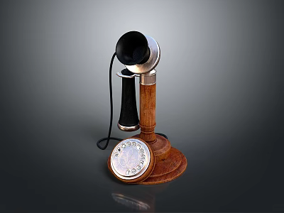 Vintage Desktop Computer With Wooden Base Black Monitor And Silver Dial Pad 3d model