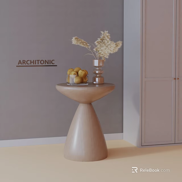 Modern Wooden Side Table with Round Top Conical Base Vase Dried Flowers and Fruits 3d model 