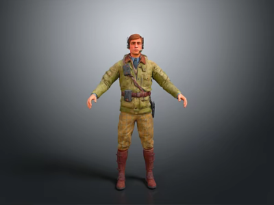 Adventurous Male Character In Green Military Outfit Standing With Arms Outstretched 3d model