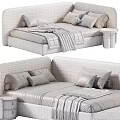 Green And Beige Kids Bed With Soft Pillows Cozy Blankets And Small Nightstand