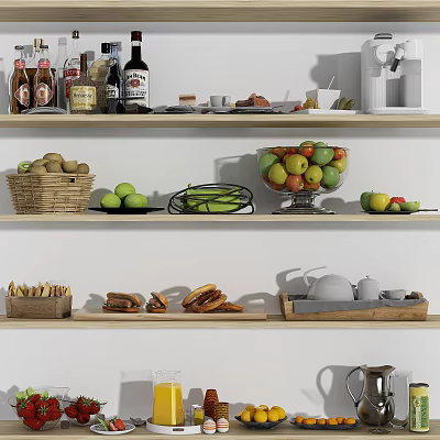 Colorful Fresh Fruits Display with Green Apples and Mixed Bowl on Kitchen Shelves 3d model