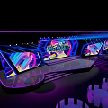 Neon Lit Corridor With Glowing Line Frames Colorful Walls And People Walking