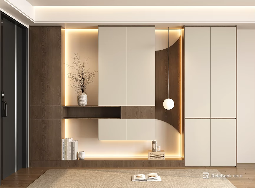 Modern Built in Shoe Cabinet With Wooden Light Panels And Decorative Display Shelf 3d model 