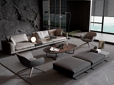 Modern Living Room Sofa And Coffee Table Set With Gray Sofas Wooden Table Accent Chairs 3d model