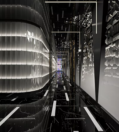Modern Luxury KTV Interior Corridor With Mirror Walls And LED Lighting 3d model