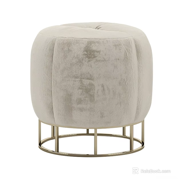 Elegant Cream Velvet Round Ottoman Stool With Tufted Top And Gold Metal Legs 3d model 