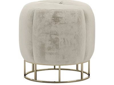 Elegant Cream Velvet Round Ottoman Stool With Tufted Top And Gold Metal Legs 3d model