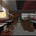 Modern Hot Pot Restaurant Interior With Open Kitchen Dining Tables And Pendant Lights