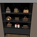 Stylish Handbags Displayed on Black Shelves with Various Designs and Classic Patterns