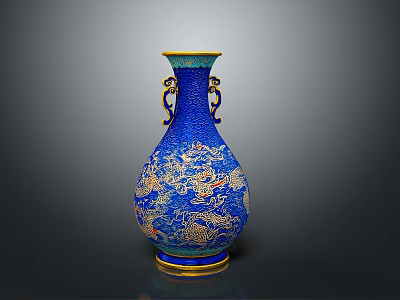 Blue Vase Sculpture Carving With Dragon Patterns Golden Decorations And Double Handles 3d model