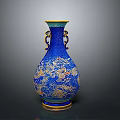 Blue Vase Sculpture Carving With Dragon Patterns Golden Decorations And Double Handles