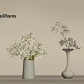 Decorative White Vases Holding Lush White Flowers And Small Blooms With Green Leaves