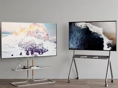 Two TVs Displaying Scenic Landscapes On Wall Mount And Mobile Stand 3d model