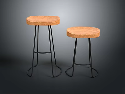 Two Modern Wooden Top Stools With Black Metal Legs In Minimalist Design 3d model