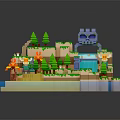 3D Pixel Style Castle Building With Green Trees Water Sand Beach And Characters