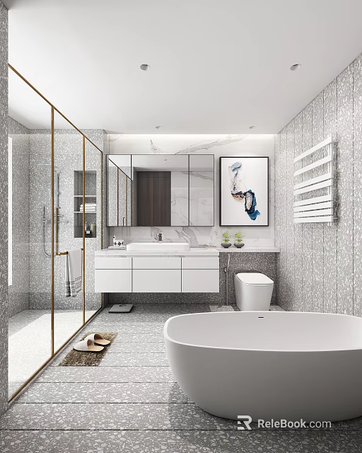 Modern Bathroom Interior With Glass Shower Large Mirror White Vanity And Freestanding Bathtub 3d model 
