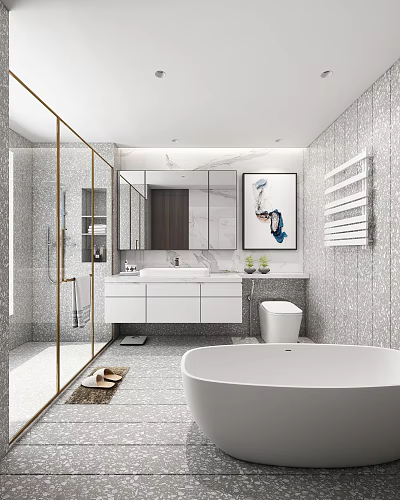 Modern Bathroom Interior With Glass Shower Large Mirror White Vanity And Freestanding Bathtub 3d model