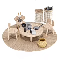 Kids Table with Rabbit Ear Chairs Play Kitchen Toys Cloud Decor and Woven Rug