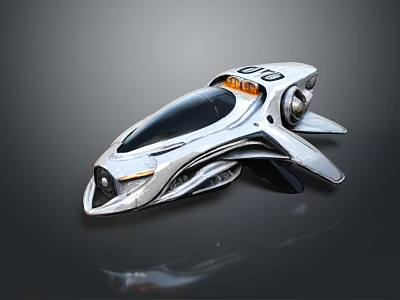 Futuristic Silver Aircraft Model With Streamlined Design Black Cockpit And Orange Accent Lights 3d model
