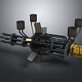 Futuristic Rotating Multiple Barrel Weapon Featuring Metal Structure And Yellow Components 3d model