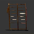 Wooden Hanging Rack With Multiple Horizontal Rods And Colorful Patterned Cloth Base