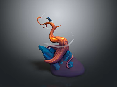 Black Bird Perched On Twisted Orange Red Branch With Blue Rocks White Streamers Purple Base 3d model
