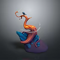 Black Bird Perched On Twisted Orange Red Branch With Blue Rocks White Streamers Purple Base